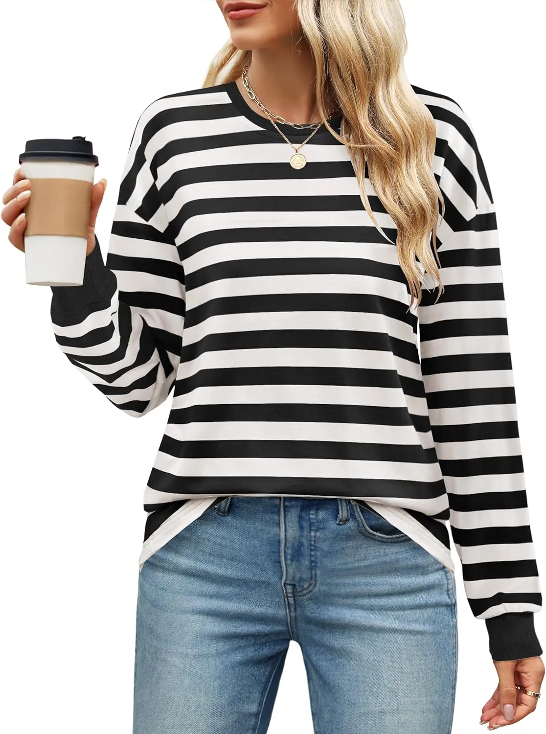 ZESICA Womens Long Sleeve Striped Shirts Fall Crewneck Casual Loose Fit Tunic Tops