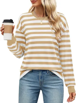 ZESICA Womens Long Sleeve Striped Shirts Fall Crewneck Casual Loose Fit Tunic Tops