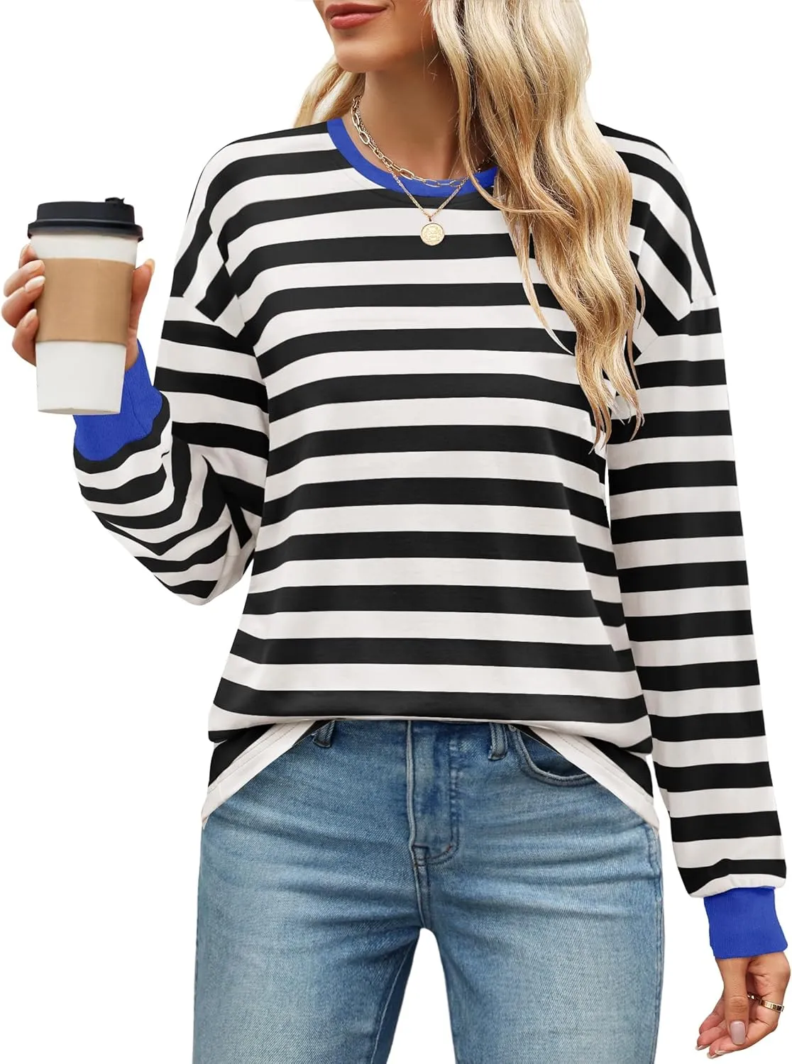 ZESICA Womens Long Sleeve Striped Shirts Fall Crewneck Casual Loose Fit Tunic Tops