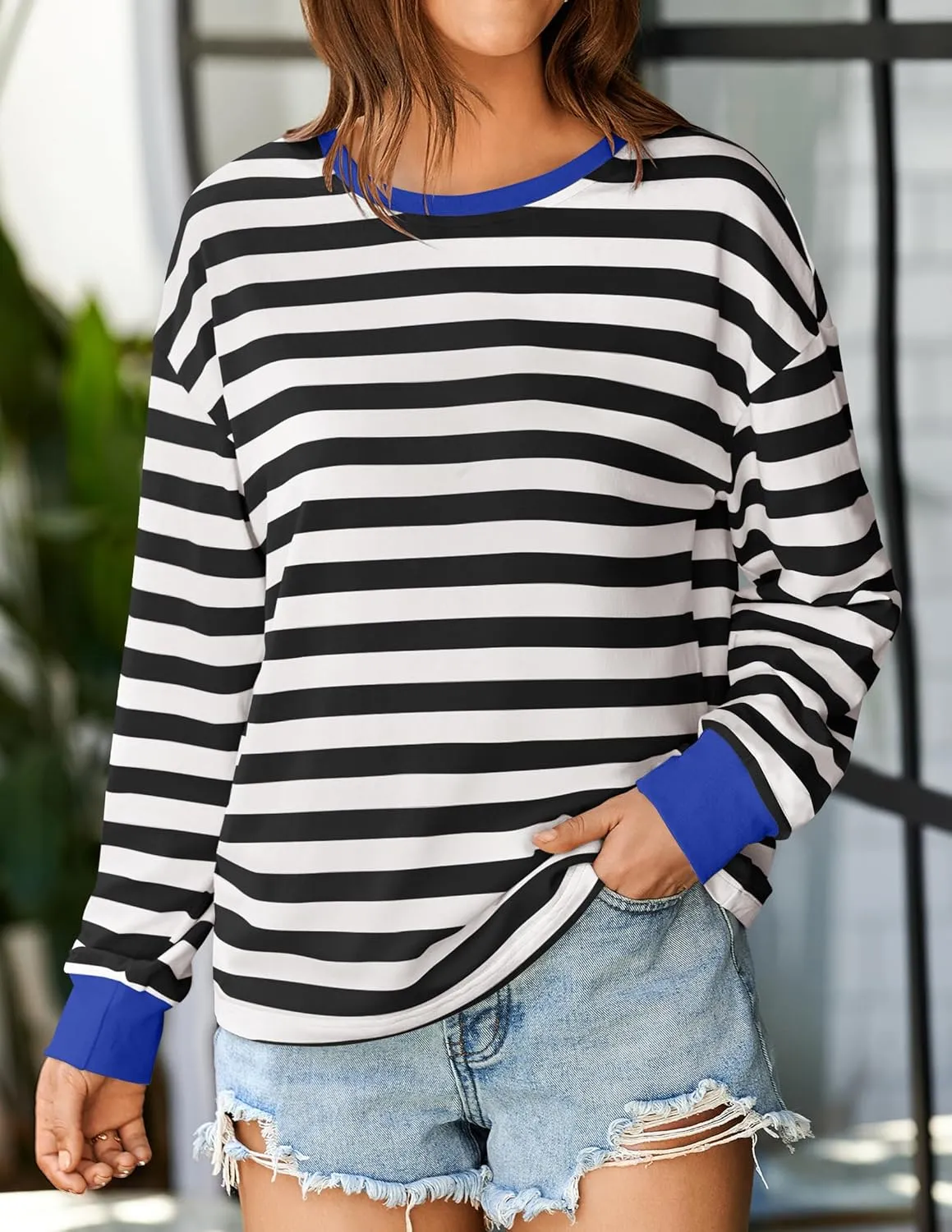 ZESICA Womens Long Sleeve Striped Shirts Fall Crewneck Casual Loose Fit Tunic Tops