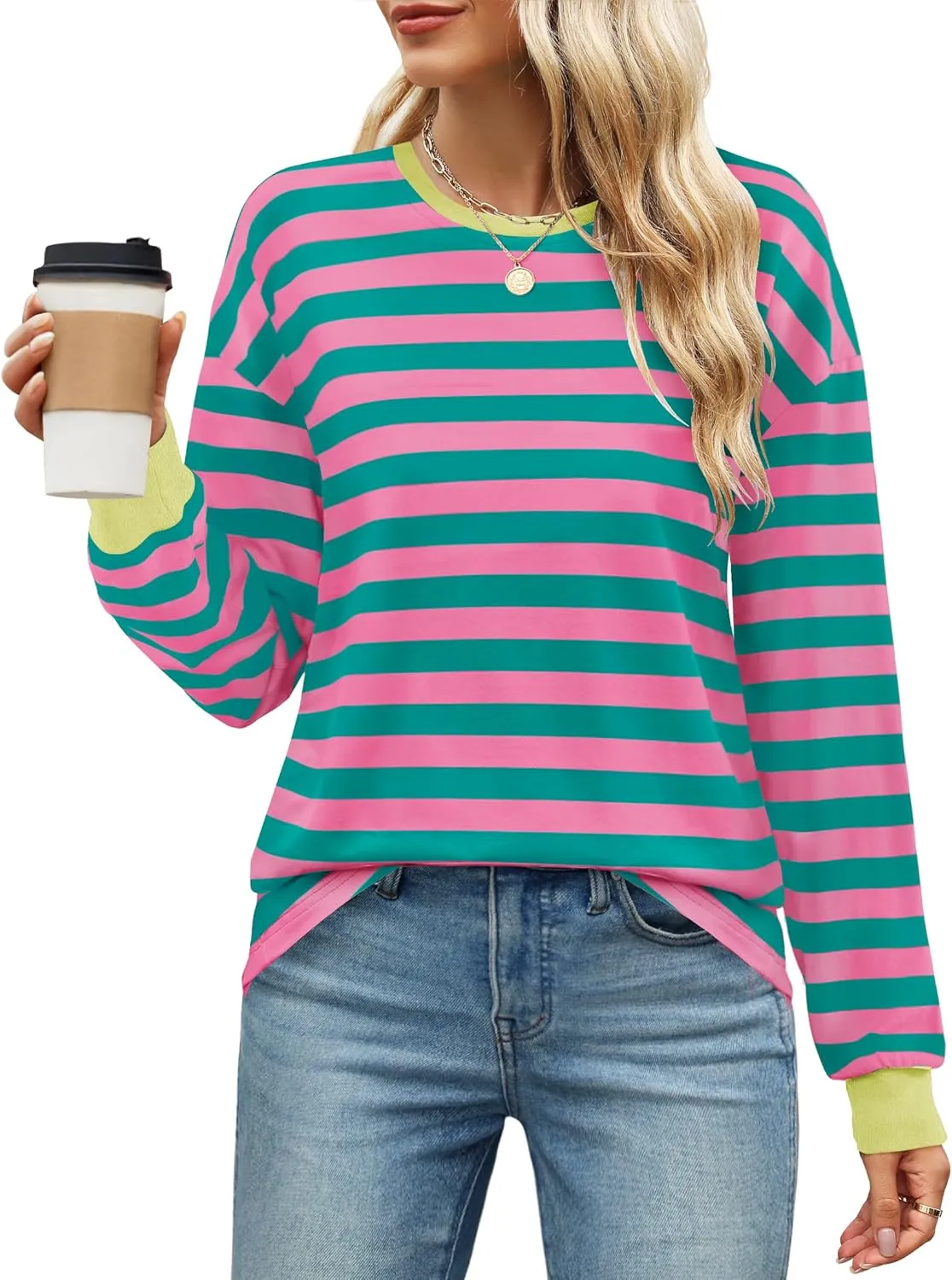 ZESICA Womens Long Sleeve Striped Shirts Fall Crewneck Casual Loose Fit Tunic Tops