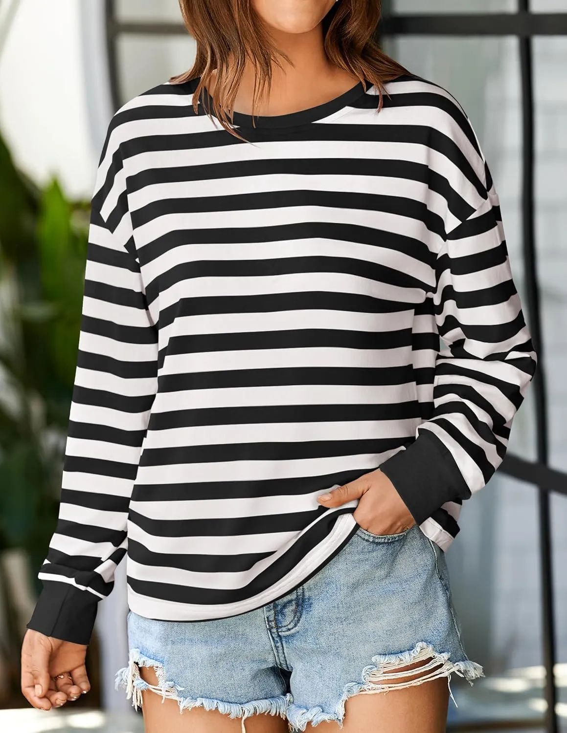 ZESICA Womens Long Sleeve Striped Shirts Fall Crewneck Casual Loose Fit Tunic Tops