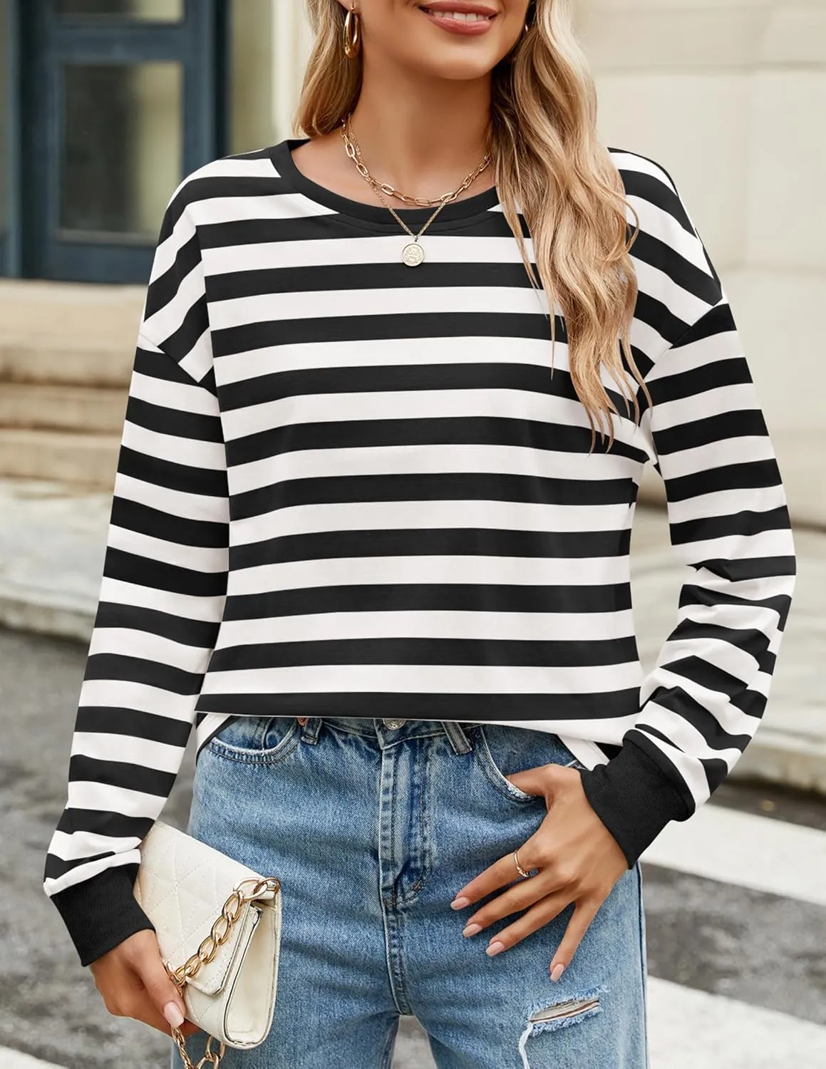 ZESICA Womens Long Sleeve Striped Shirts Fall Crewneck Casual Loose Fit Tunic Tops