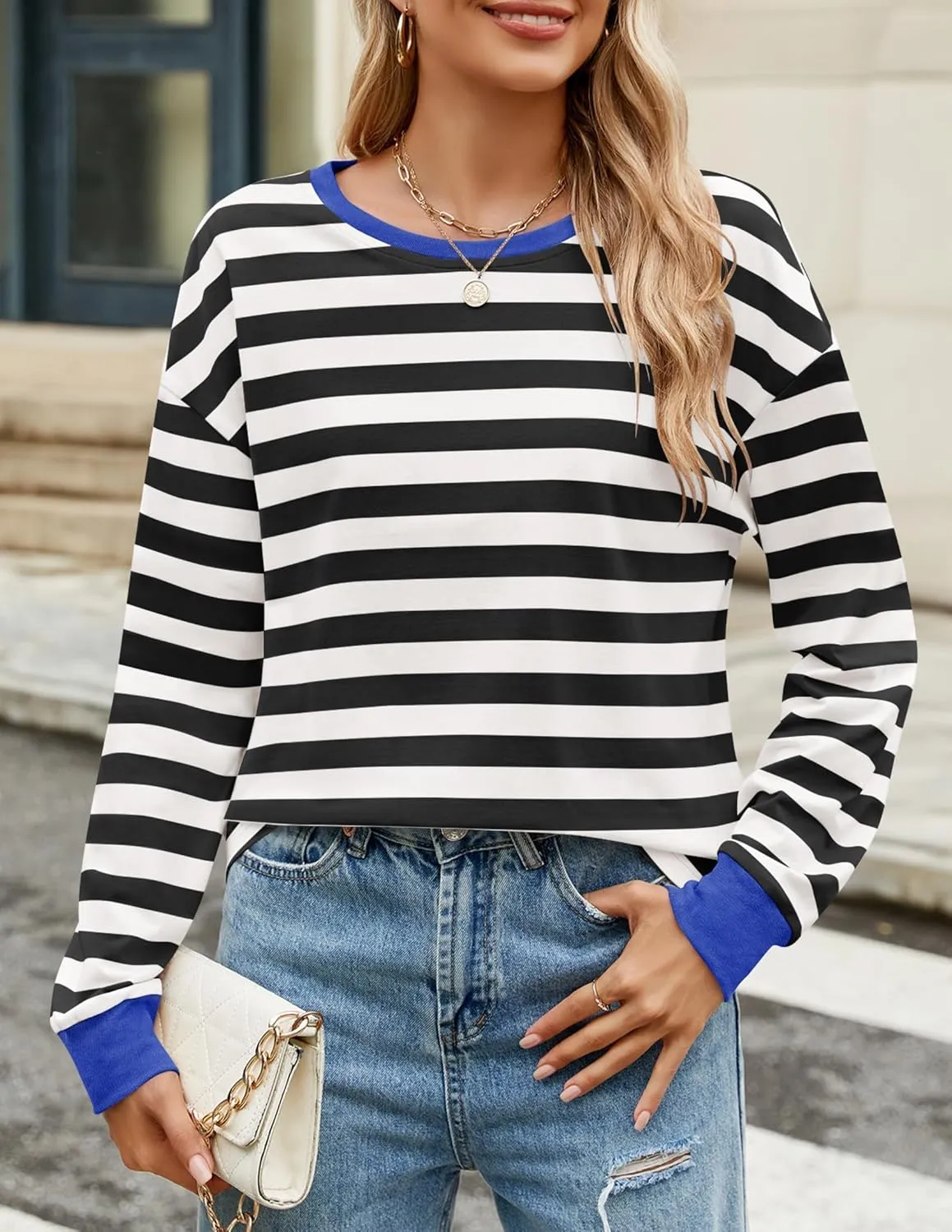 ZESICA Womens Long Sleeve Striped Shirts Fall Crewneck Casual Loose Fit Tunic Tops
