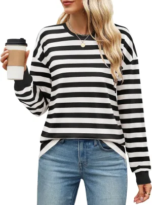 ZESICA Womens Long Sleeve Striped Shirts Fall Crewneck Casual Loose Fit Tunic Tops
