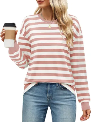 ZESICA Womens Long Sleeve Striped Shirts Fall Crewneck Casual Loose Fit Tunic Tops