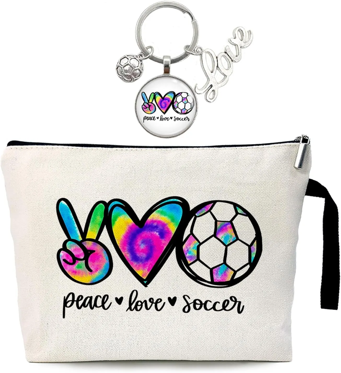 ZHANTUONE eace Love Soccer Cosmetic bag keychain pendant, for Travel Toiletry Zipper Storage Pouch Makeup Bag, Gifts for Coach Team Football Lovers, Soccer Lover Gifts, Soccer Girl keychain