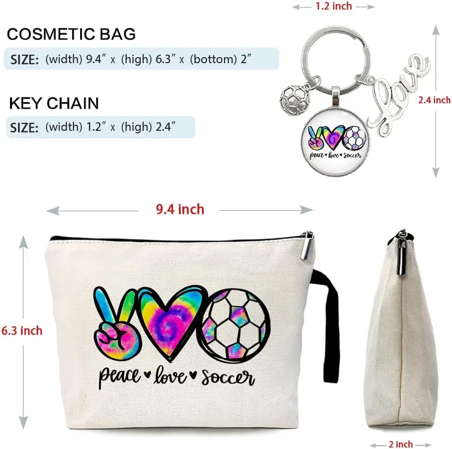 ZHANTUONE eace Love Soccer Cosmetic bag keychain pendant, for Travel Toiletry Zipper Storage Pouch Makeup Bag, Gifts for Coach Team Football Lovers, Soccer Lover Gifts, Soccer Girl keychain