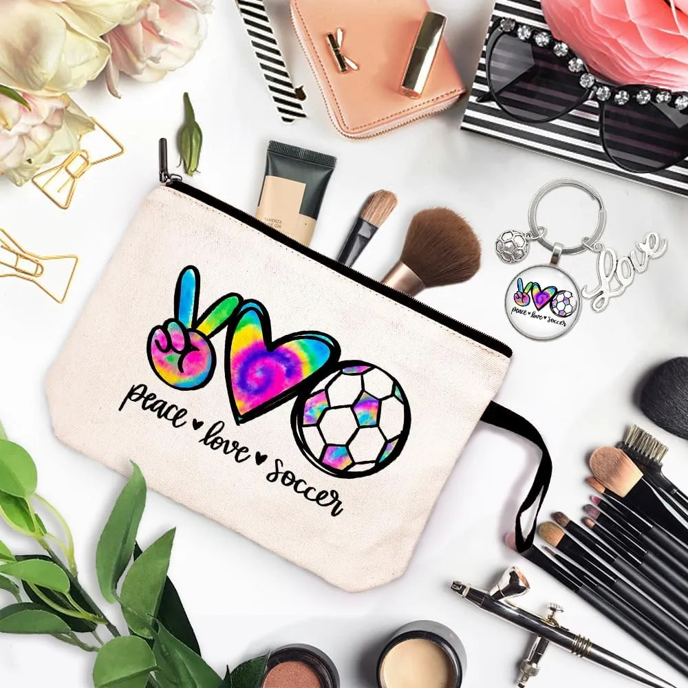 ZHANTUONE eace Love Soccer Cosmetic bag keychain pendant, for Travel Toiletry Zipper Storage Pouch Makeup Bag, Gifts for Coach Team Football Lovers, Soccer Lover Gifts, Soccer Girl keychain