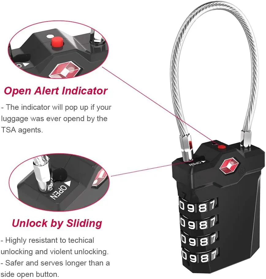 ZHEGE Luggage Locks TSA Approved, Cable Lock with White Numbers, 4 Digit Combination Zipper Lock with Inspection Indicator for Suitcases, Backpack, Baggage, Code Padlocks for Lockers (2 Pack, Black)