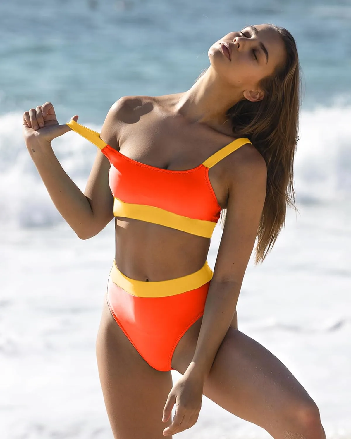 ZINPRETTY Women High Waisted Bikini Sets Color Block Swimsuits 2 Piece Bathing Suits Tummy Control Sporty Teens