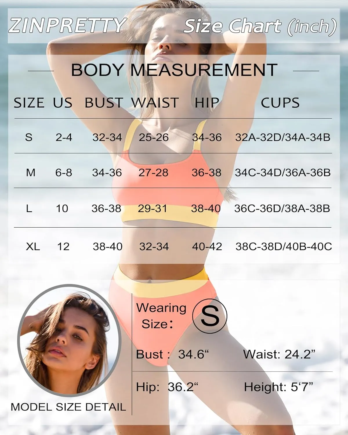 ZINPRETTY Women High Waisted Bikini Sets Color Block Swimsuits 2 Piece Bathing Suits Tummy Control Sporty Teens
