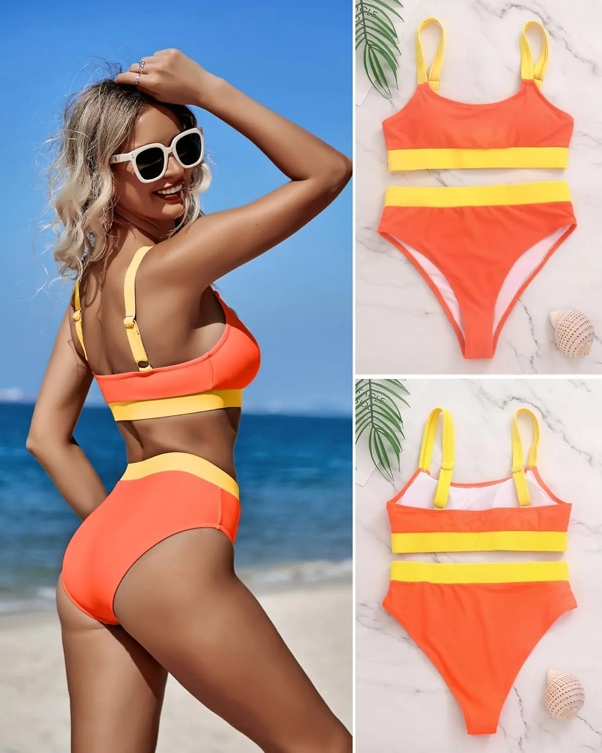 ZINPRETTY Women High Waisted Bikini Sets Color Block Swimsuits 2 Piece Bathing Suits Tummy Control Sporty Teens