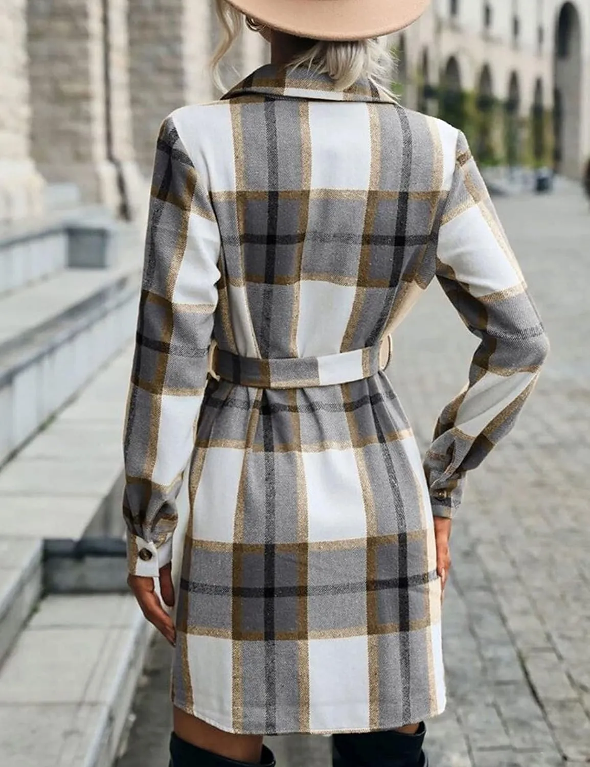 Zontroldy Casual Long Plaid Shirts Shacket Jacket Button Down Long Sleeve Shirts Trench Coats for Women