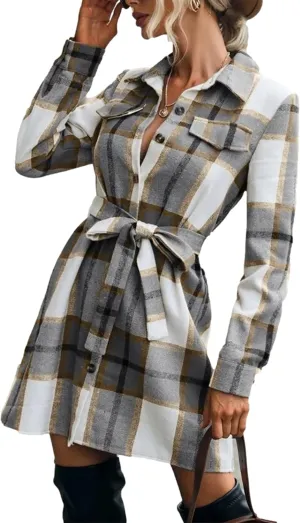 Zontroldy Casual Long Plaid Shirts Shacket Jacket Button Down Long Sleeve Shirts Trench Coats for Women