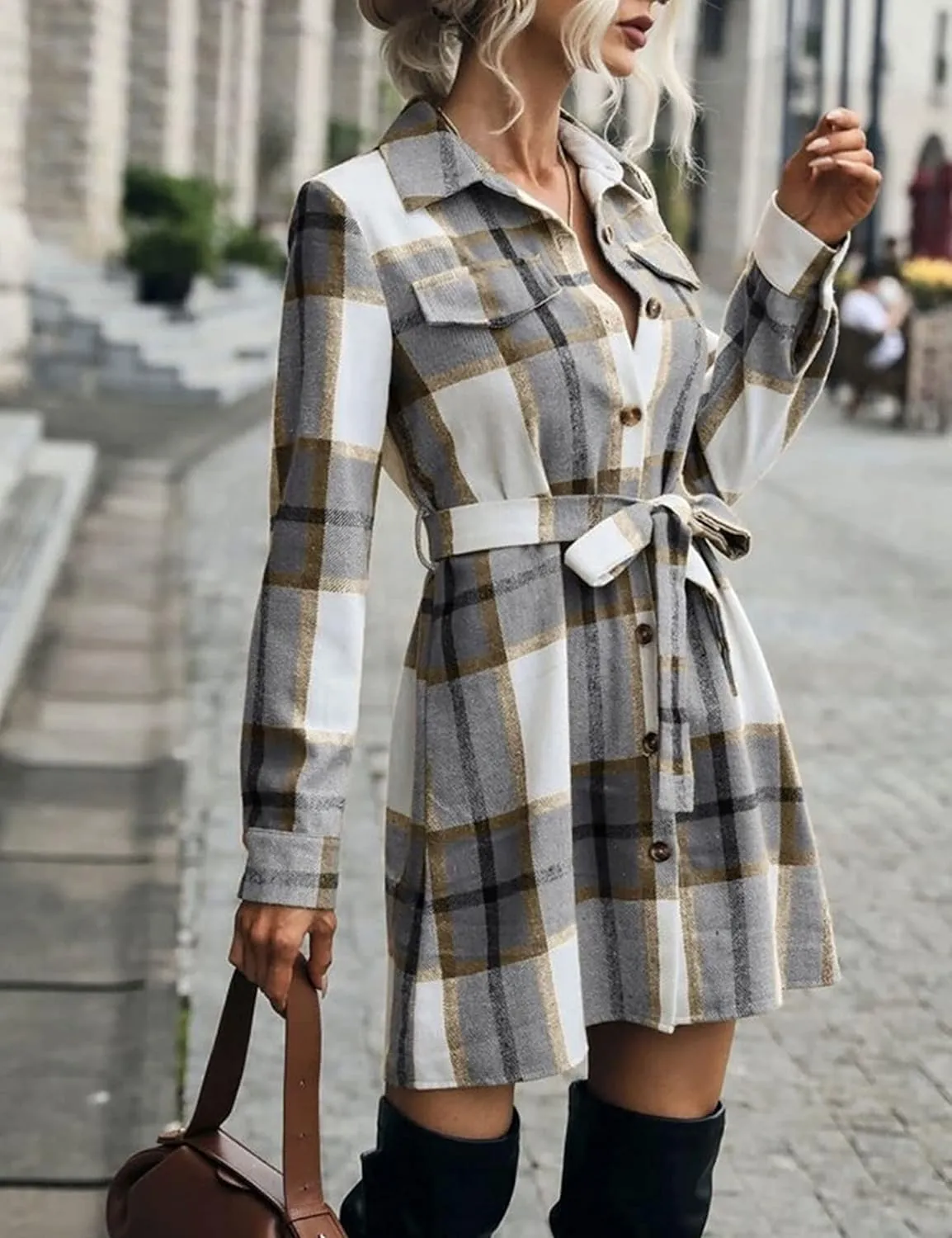 Zontroldy Casual Long Plaid Shirts Shacket Jacket Button Down Long Sleeve Shirts Trench Coats for Women
