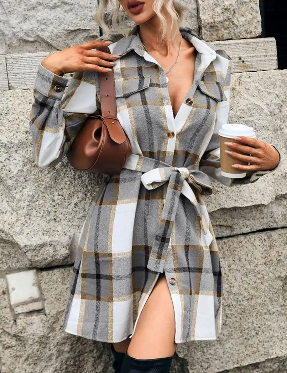 Zontroldy Casual Long Plaid Shirts Shacket Jacket Button Down Long Sleeve Shirts Trench Coats for Women